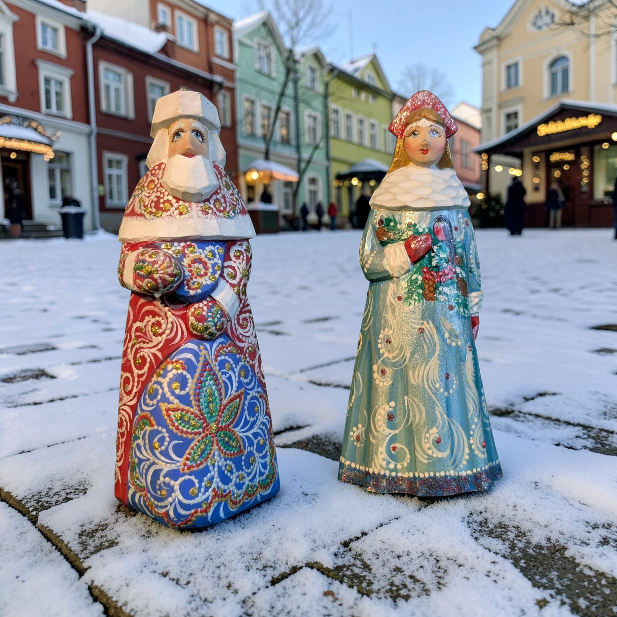 Ded Moroz e Sneguročka - Statue Artigianali Russe Dipinte a Mano