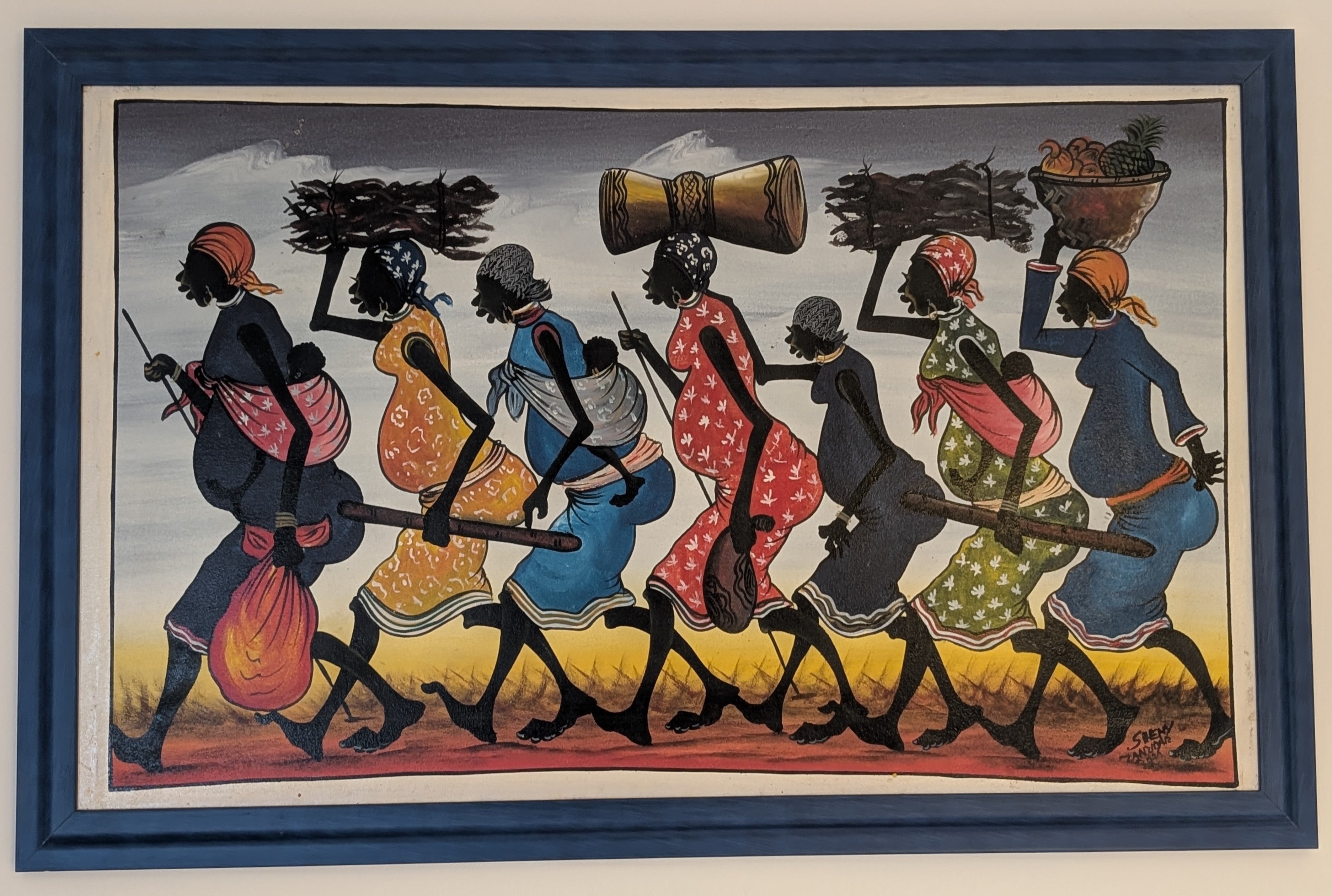 Dipinto Tingatinga Zanzibar - Donne Masai Lavoro 90x55 cm - Sheny - Arte Africana Originale