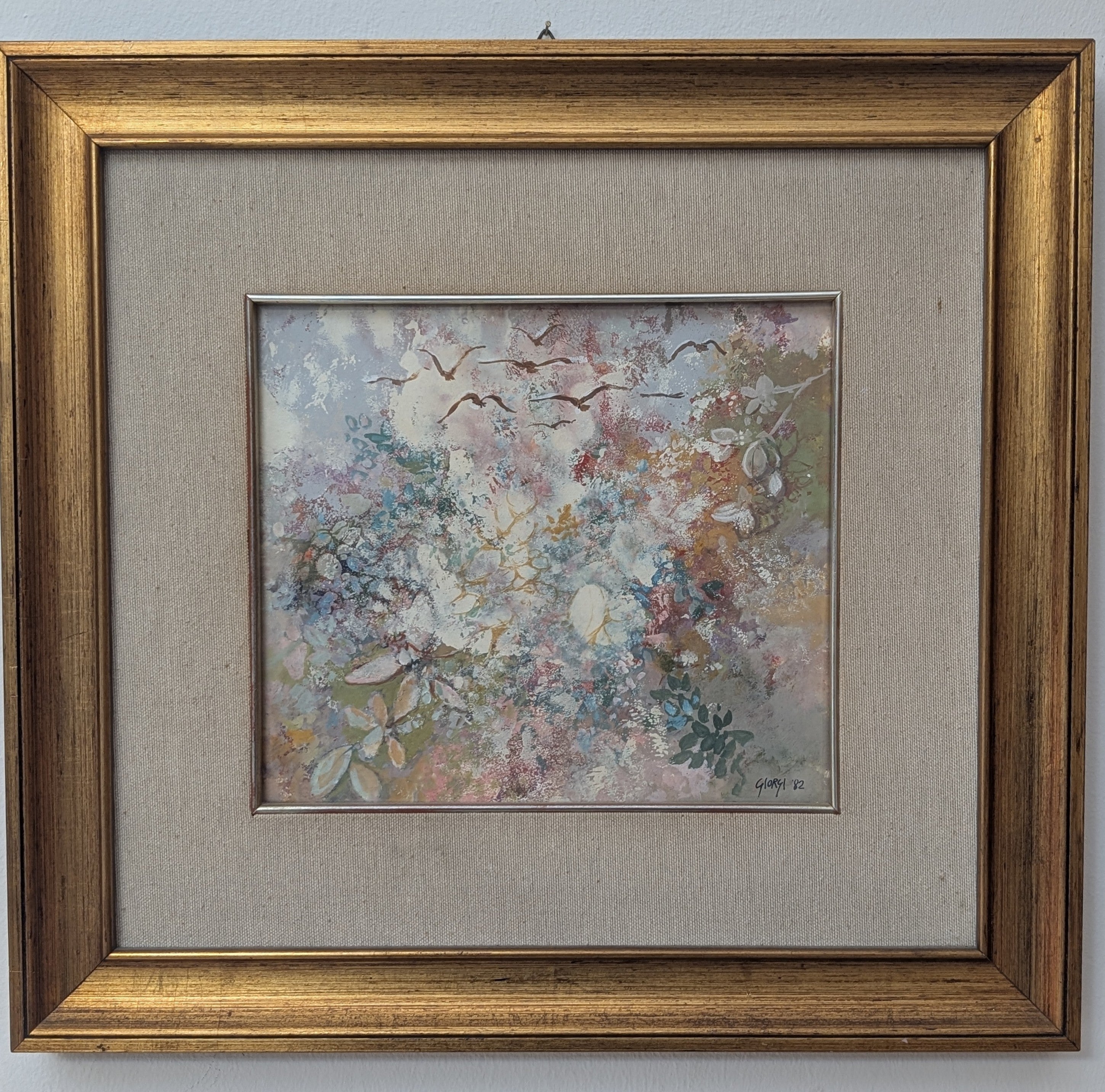Gabbiani in Volo su Prato – olio su tela, 30×25 cm, Giuseppe Giorgi, 1982