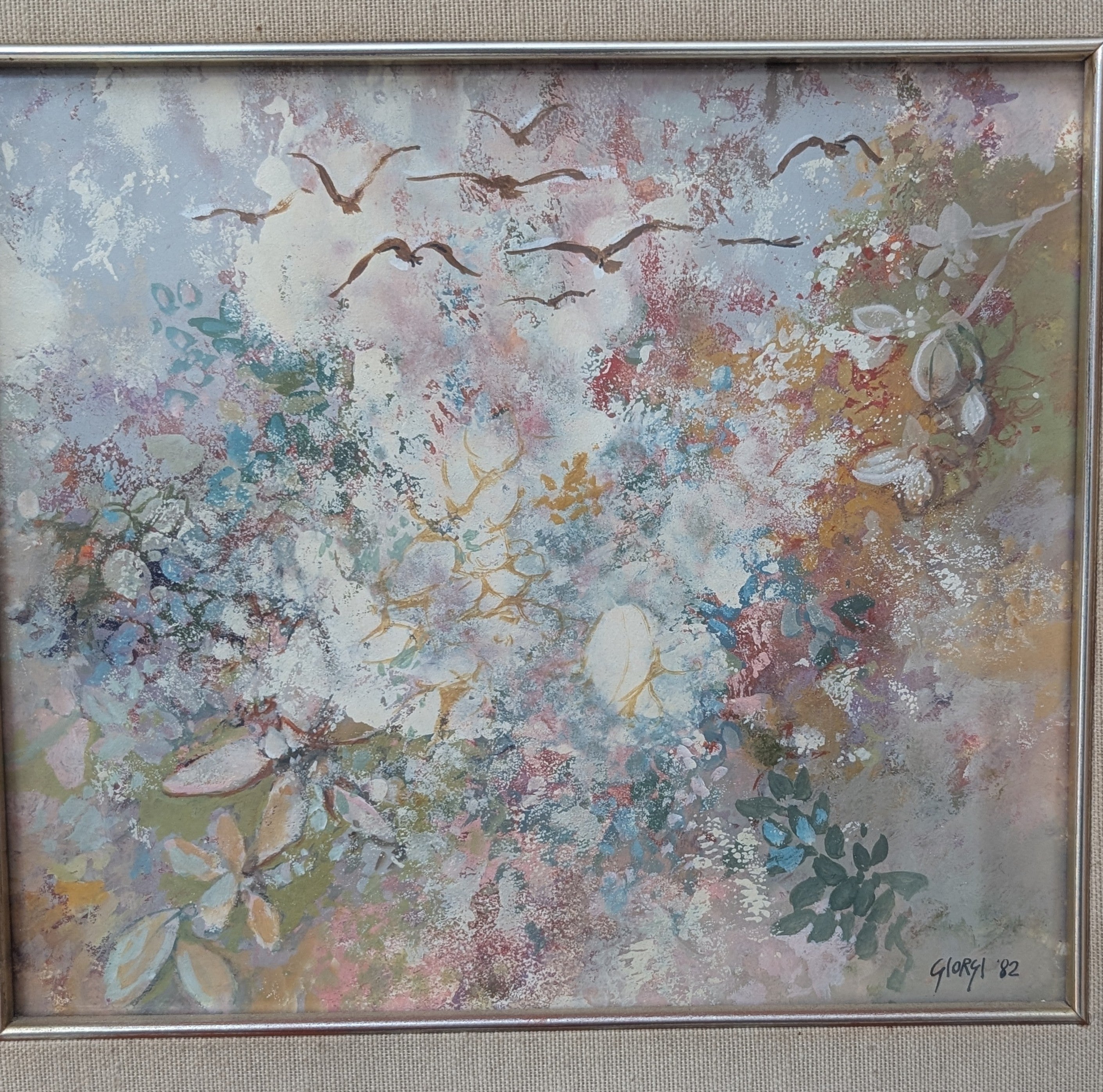 Gabbiani in Volo su Prato – olio su tela, 30×25 cm, Giuseppe Giorgi, 1982