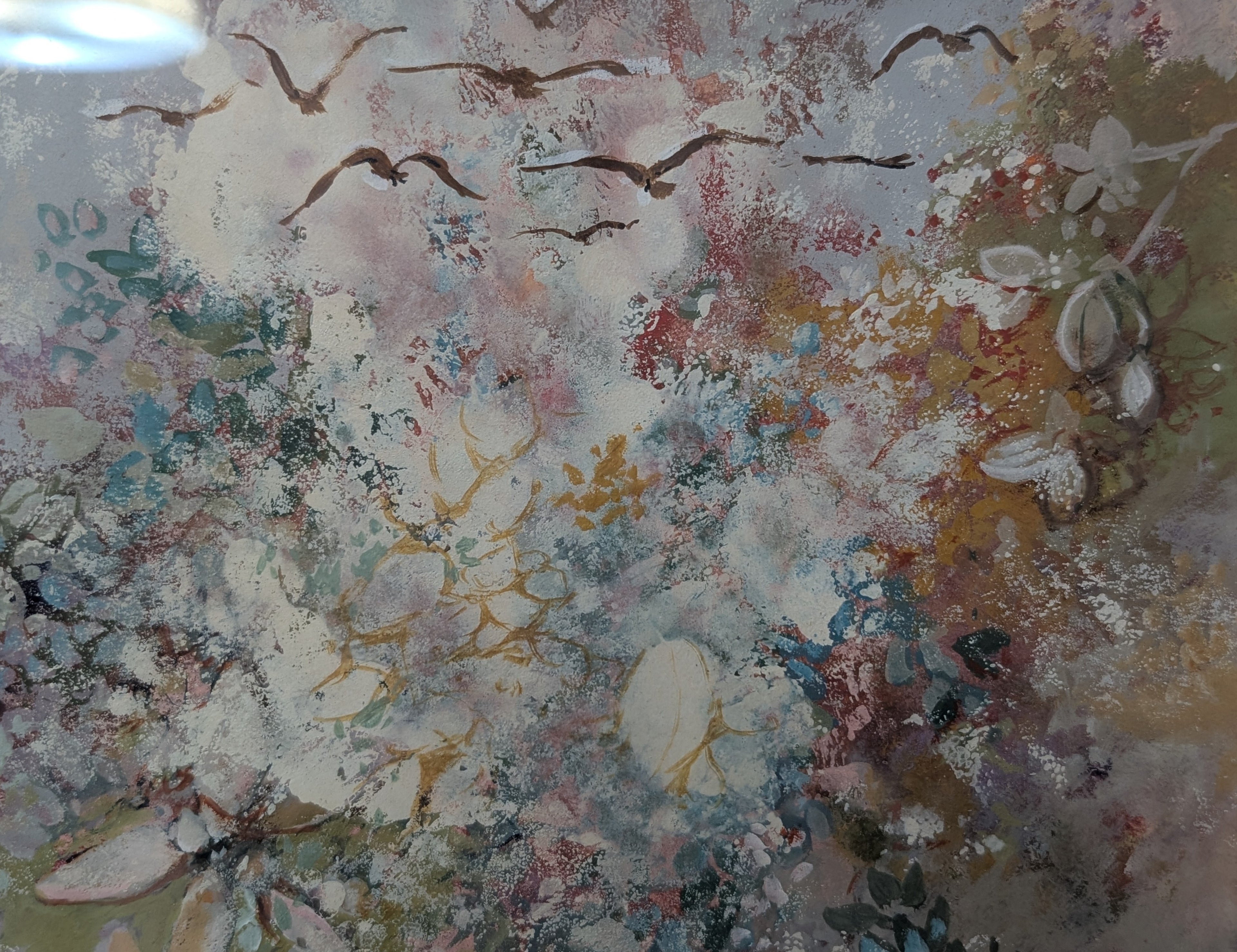 Gabbiani in Volo su Prato – olio su tela, 30×25 cm, Giuseppe Giorgi, 1982