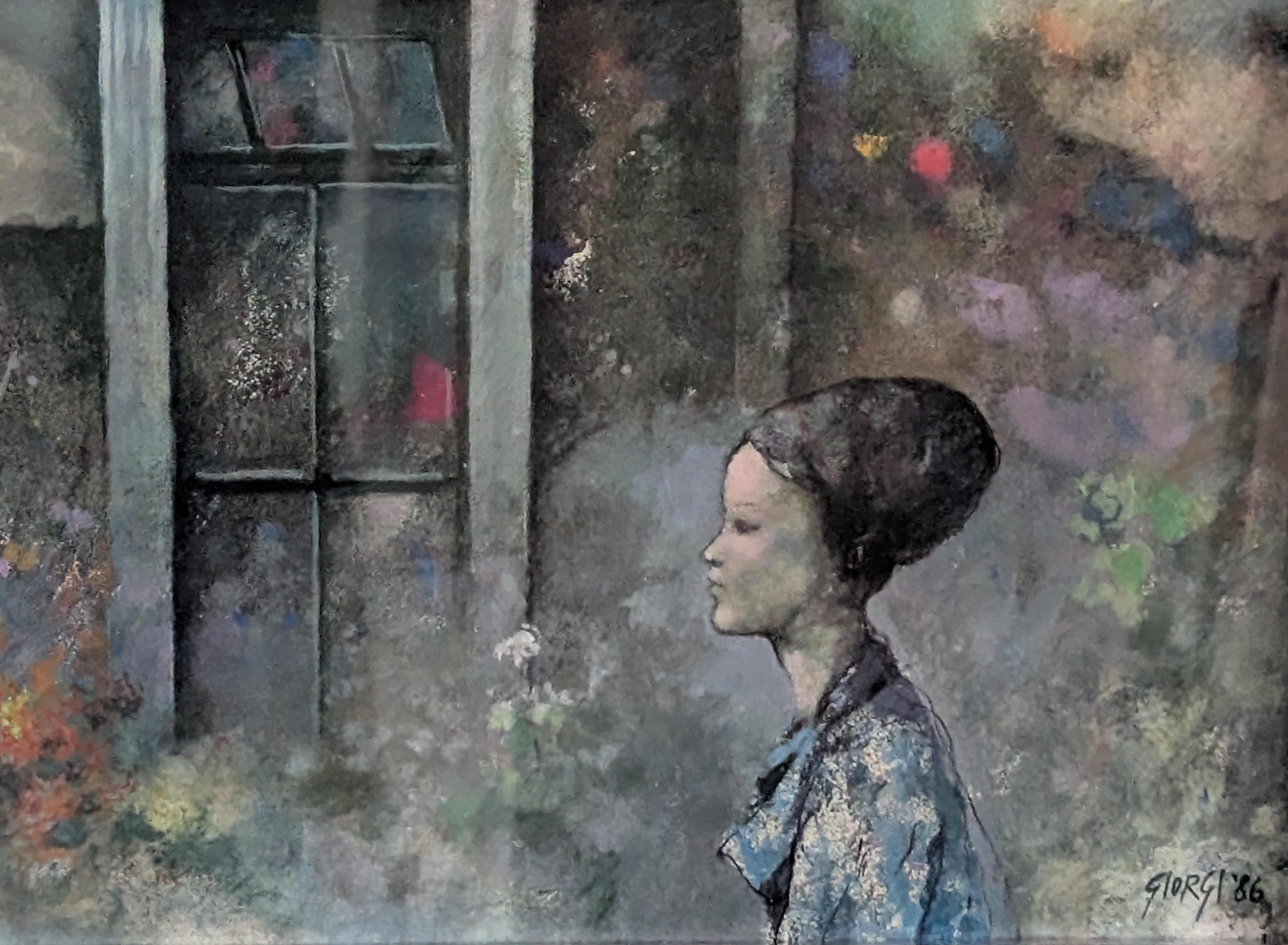 Passeggiata Solitaria tra Colonne e Sogni – olio su tela, 40×30 cm, Giuseppe Giorgi, 1982