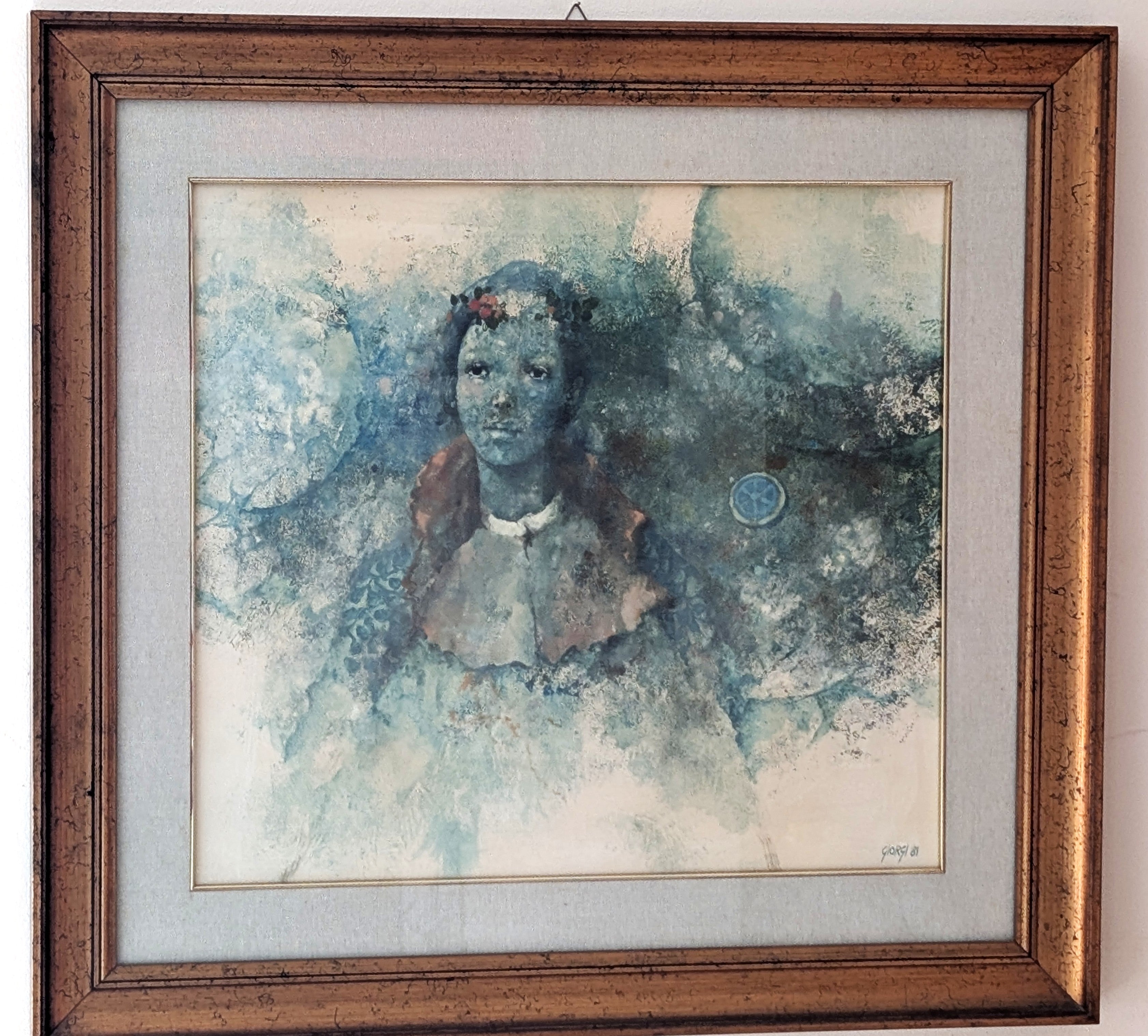 Fanciulla dei Sogni con Corona di Fiori – olio su tela, 55×60 cm, Giuseppe Giorgi, 1981