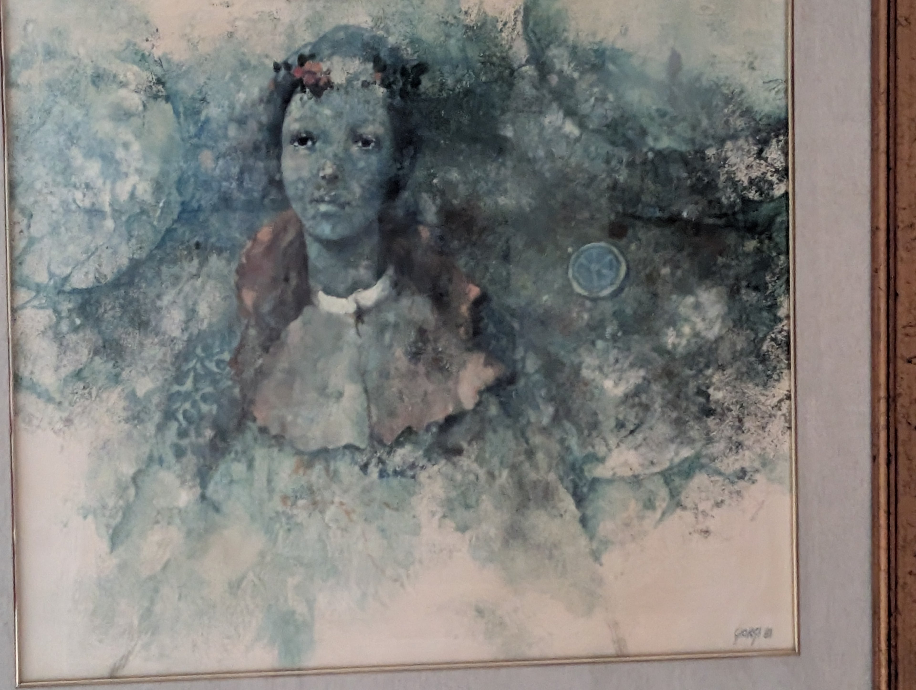 Fanciulla dei Sogni con Corona di Fiori – olio su tela, 55×60 cm, Giuseppe Giorgi, 1981