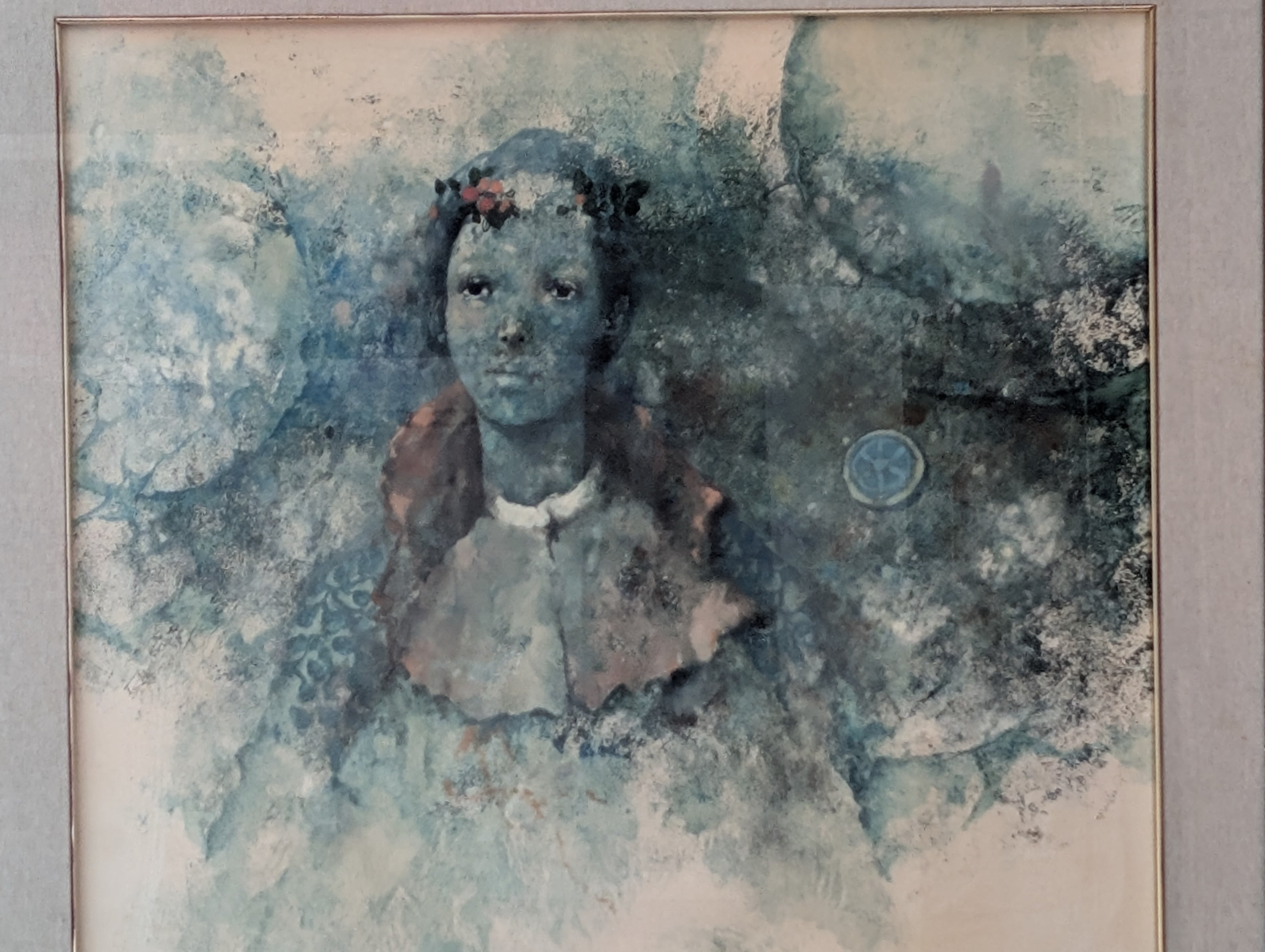 Fanciulla dei Sogni con Corona di Fiori – olio su tela, 55×60 cm, Giuseppe Giorgi, 1981