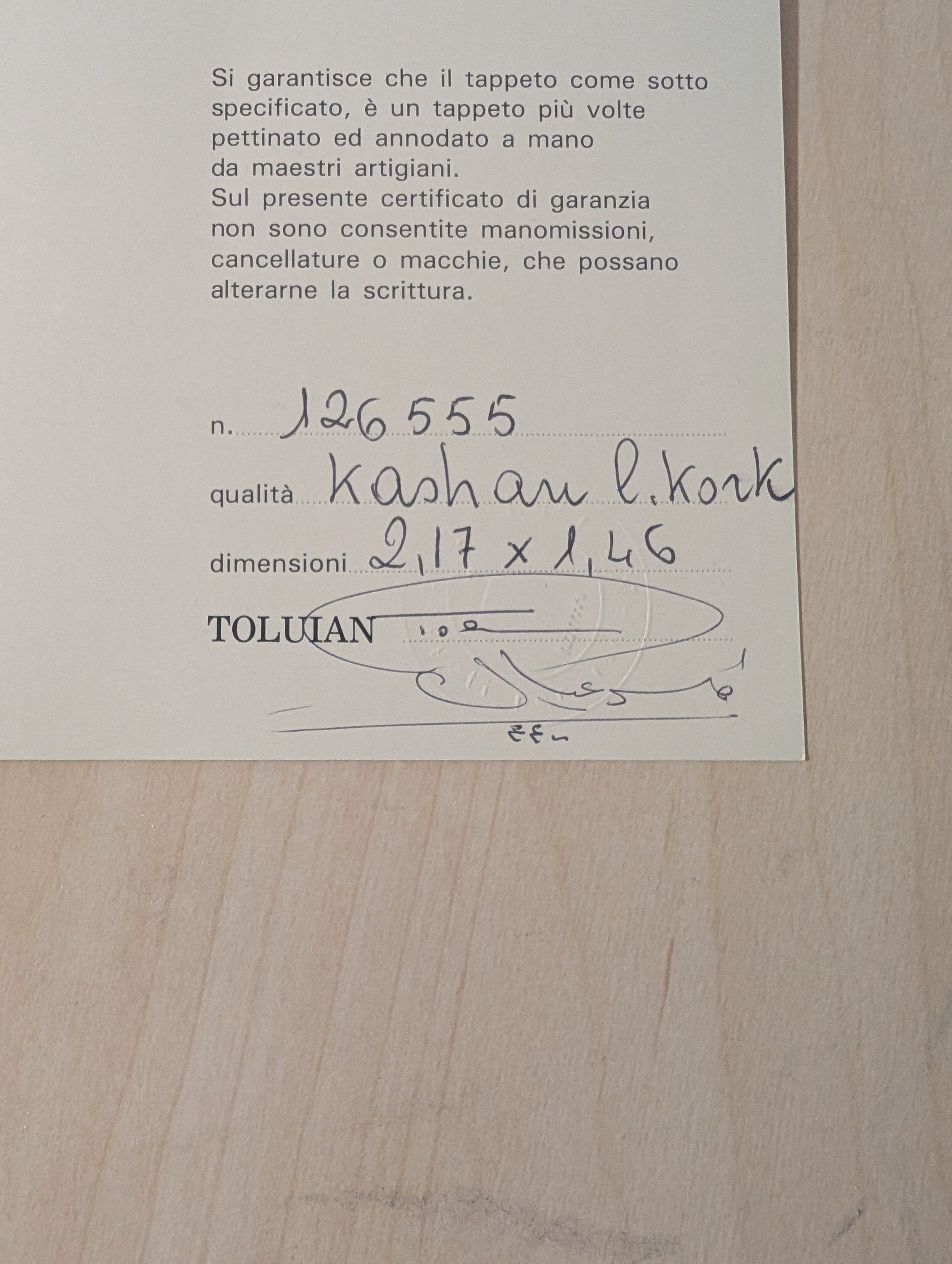 Tappeto Kashan Kork con certificazione venditore Toluian