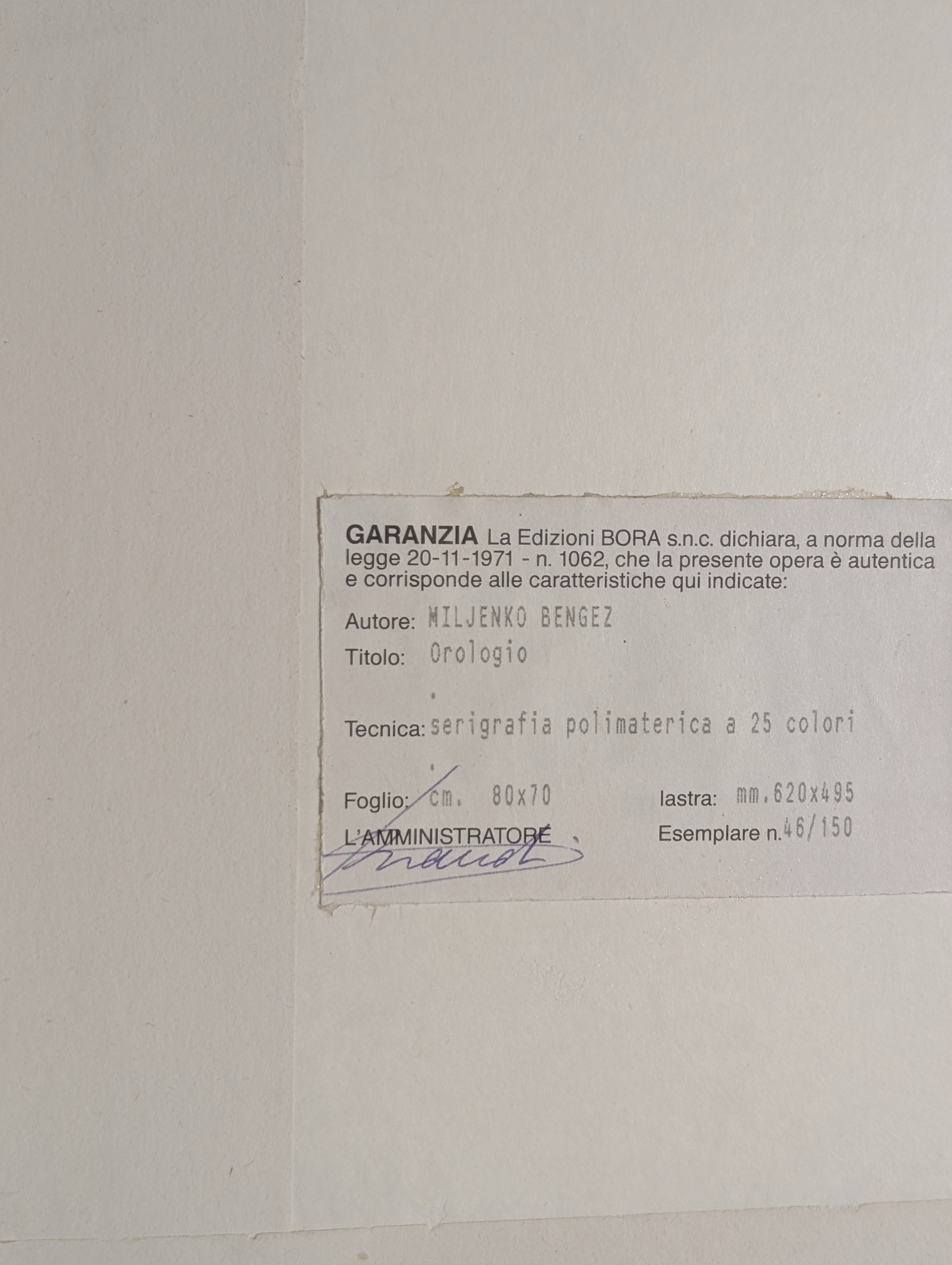 Grafica in rilievo di Bengez Miljenko titolo l'Orologio" . 50x62