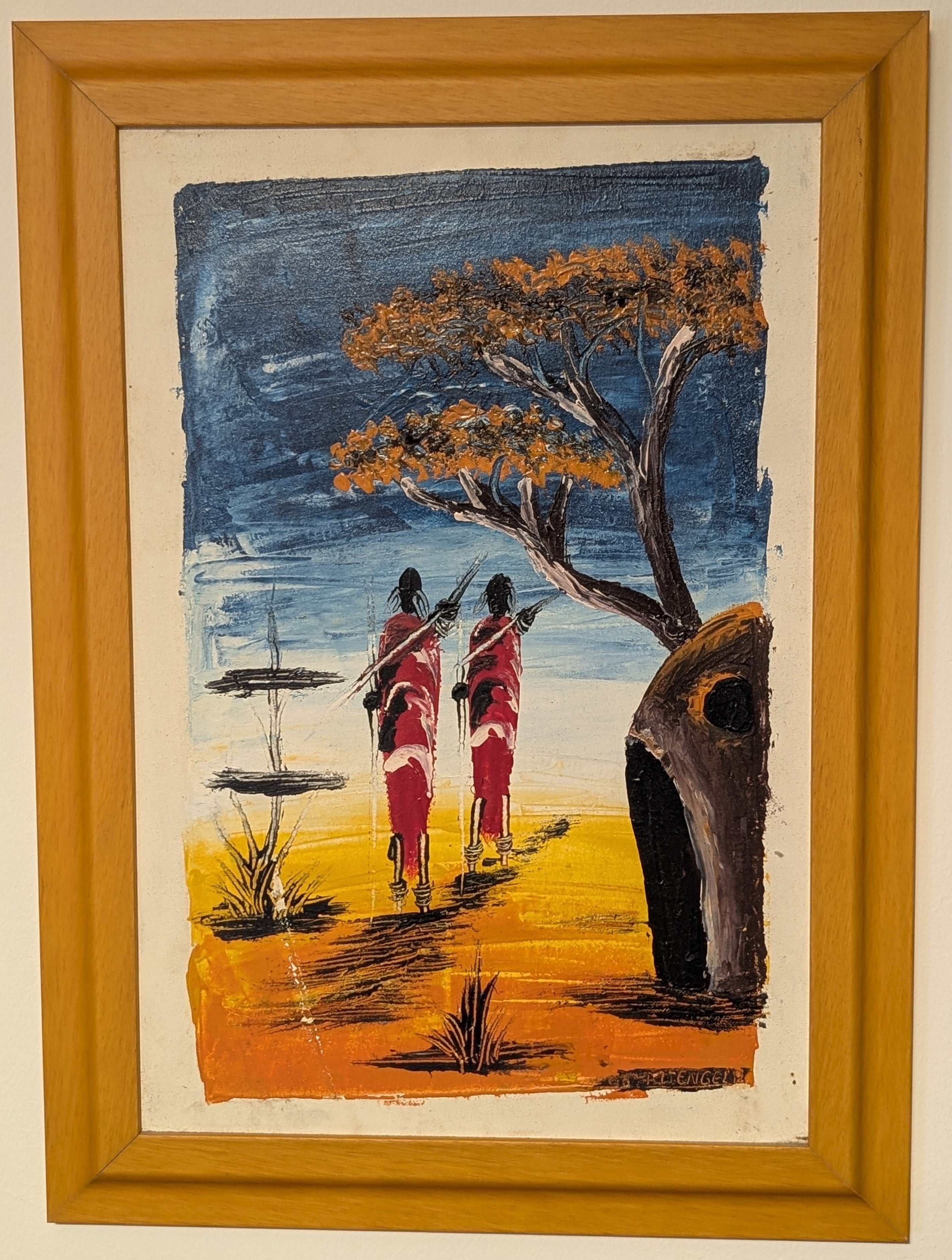 Masai – dipinto Tingatinga, 30×45 cm, Hassan Mtengela, Tanzania