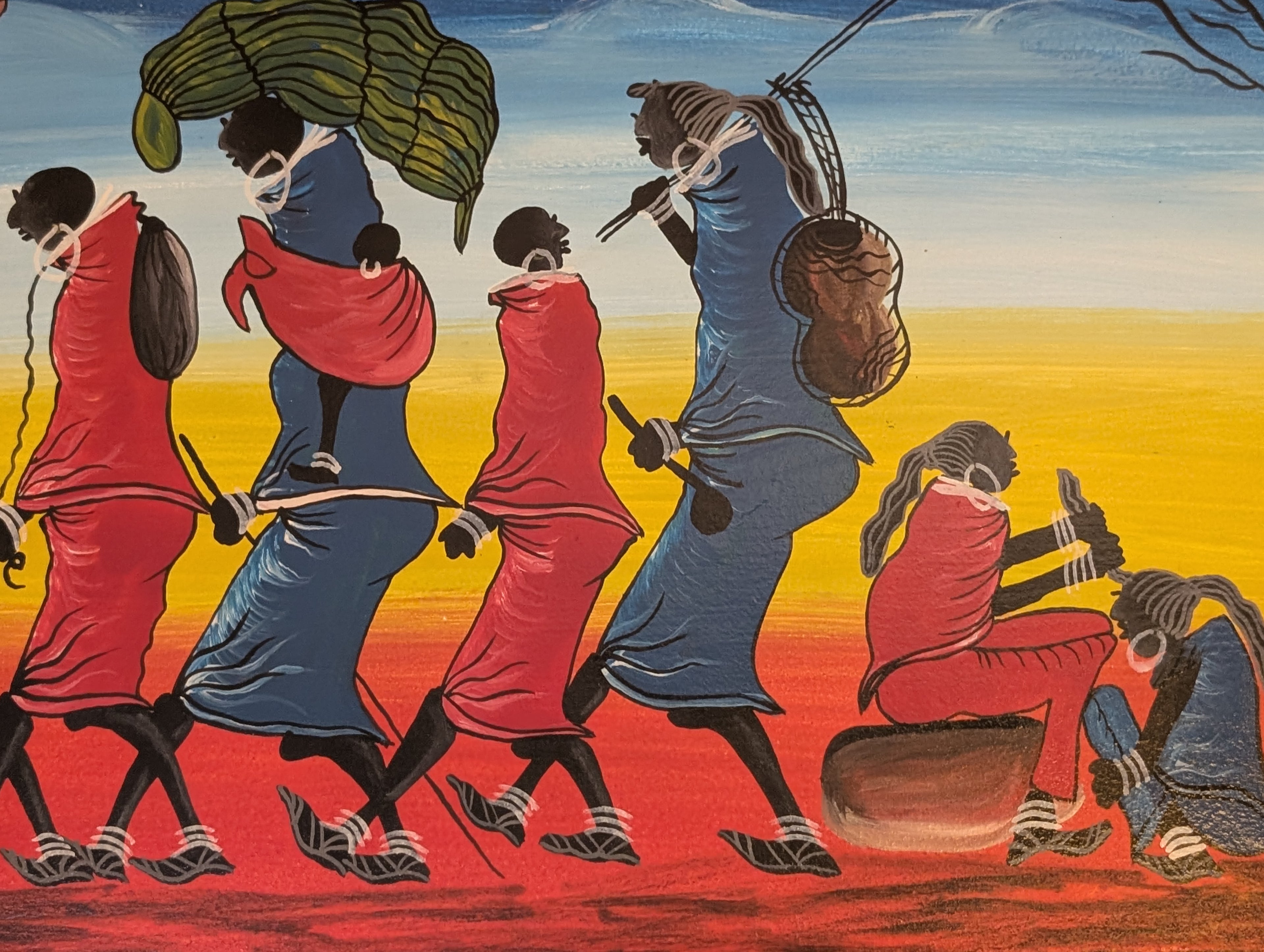 Donne Masai al Lavoro – dipinto Tingatinga, 75×45 cm, J.J.M., Tanzania