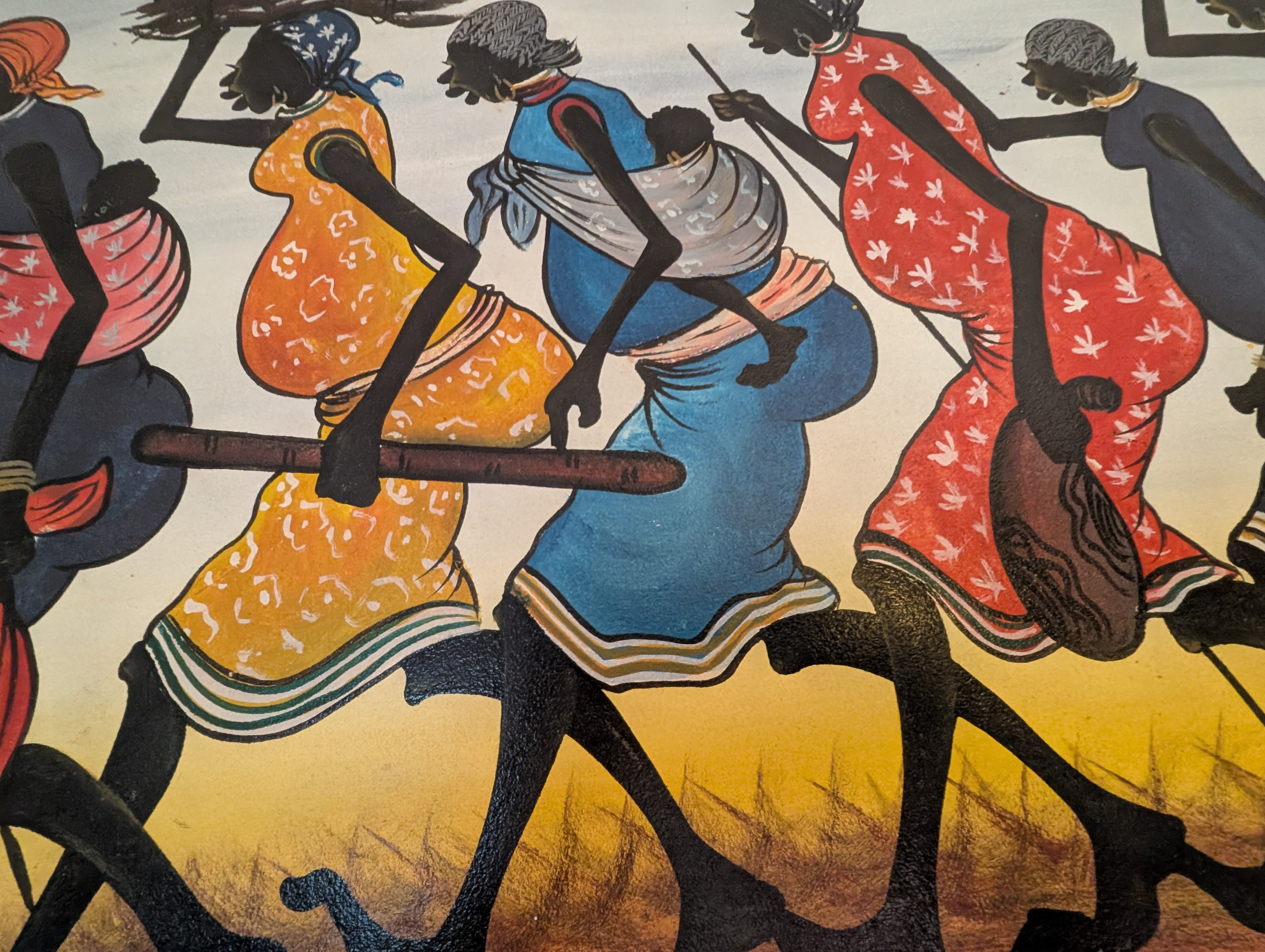 Dipinto Tingatinga Zanzibar - Donne Masai Lavoro 90x55 cm - Sheny - Arte Africana Originale