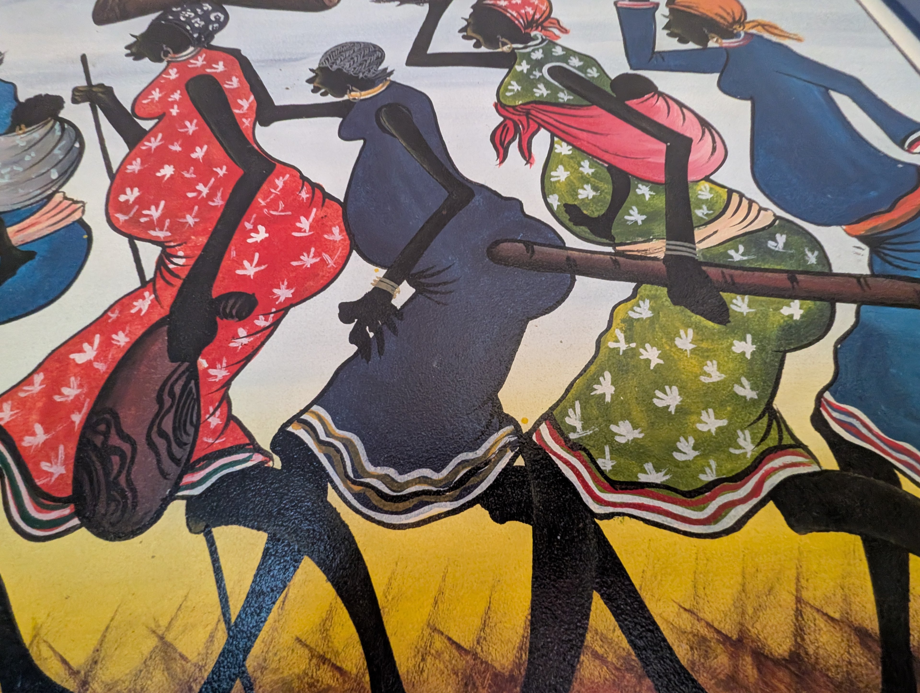Dipinto Tingatinga Zanzibar - Donne Masai Lavoro 90x55 cm - Sheny - Arte Africana Originale