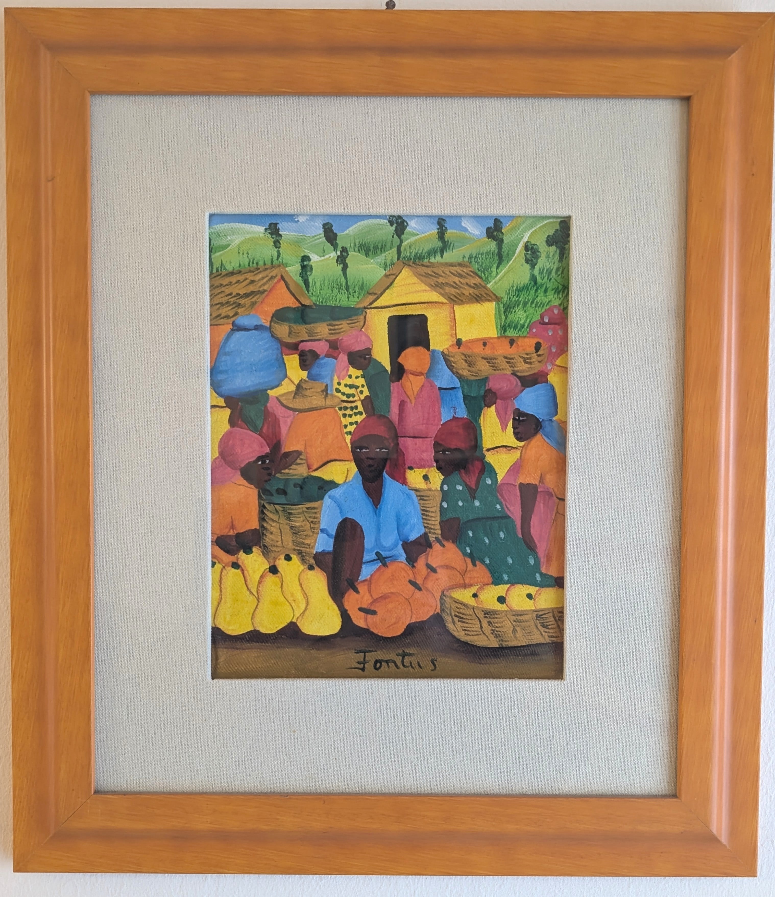 Stampa Tela Arte Haitiana "Donne al Mercato" - Domenique Fontus 20x25cm