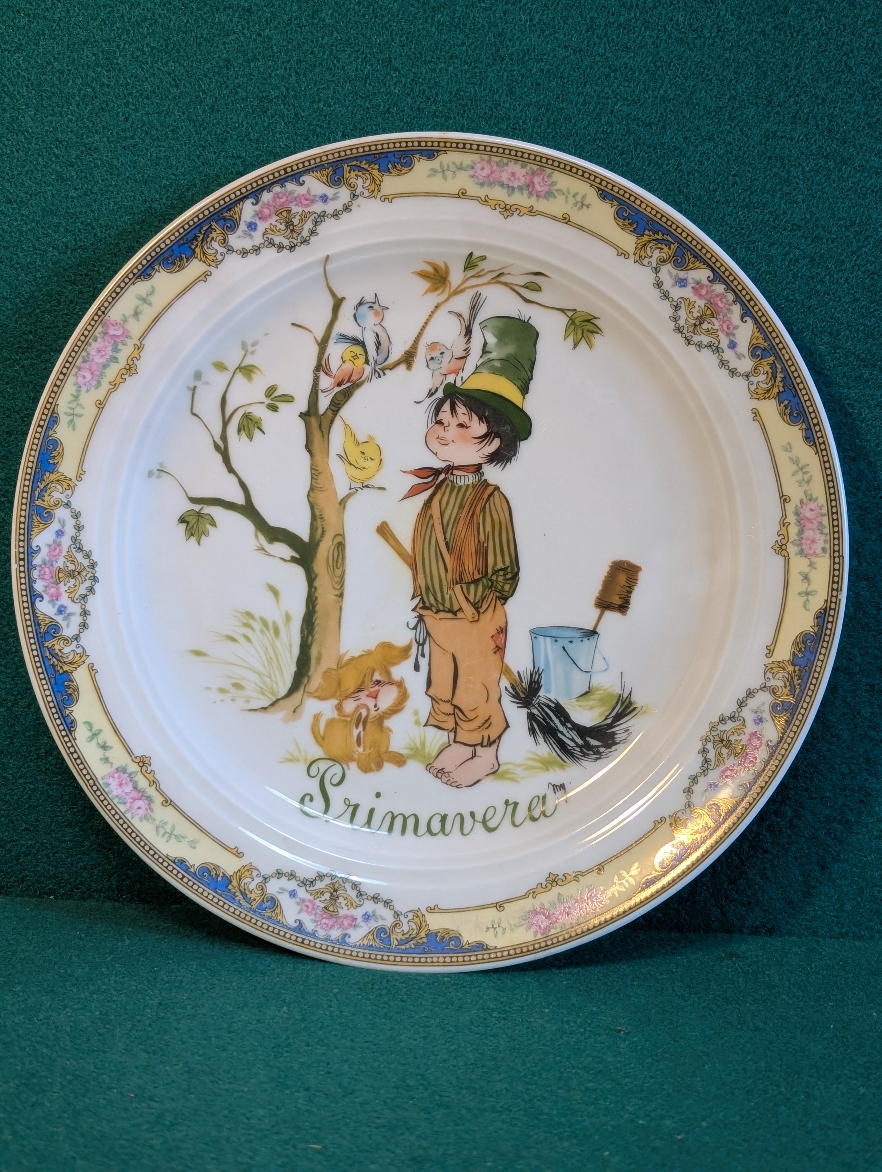 Piatto Porzellainfabrik serie "Primavera" – bambino, cani e uccellini, vintage