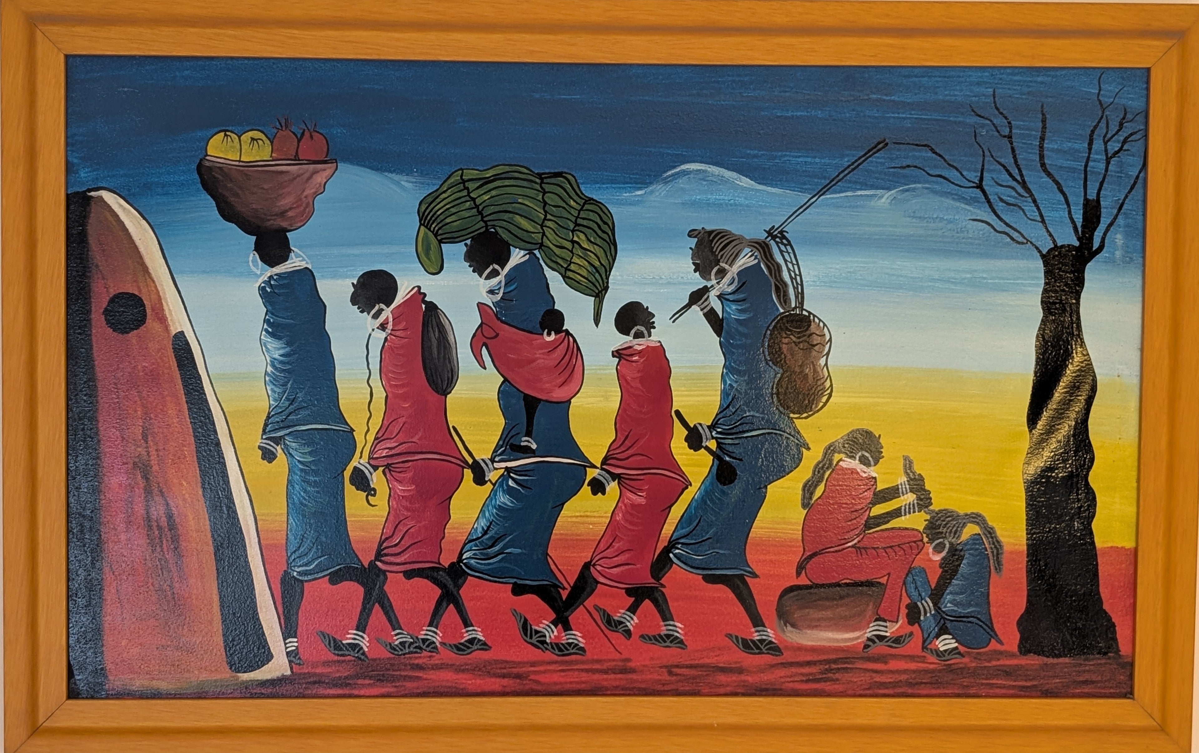 Donne Masai al Lavoro – dipinto Tingatinga, 75×45 cm, J.J.M., Tanzania