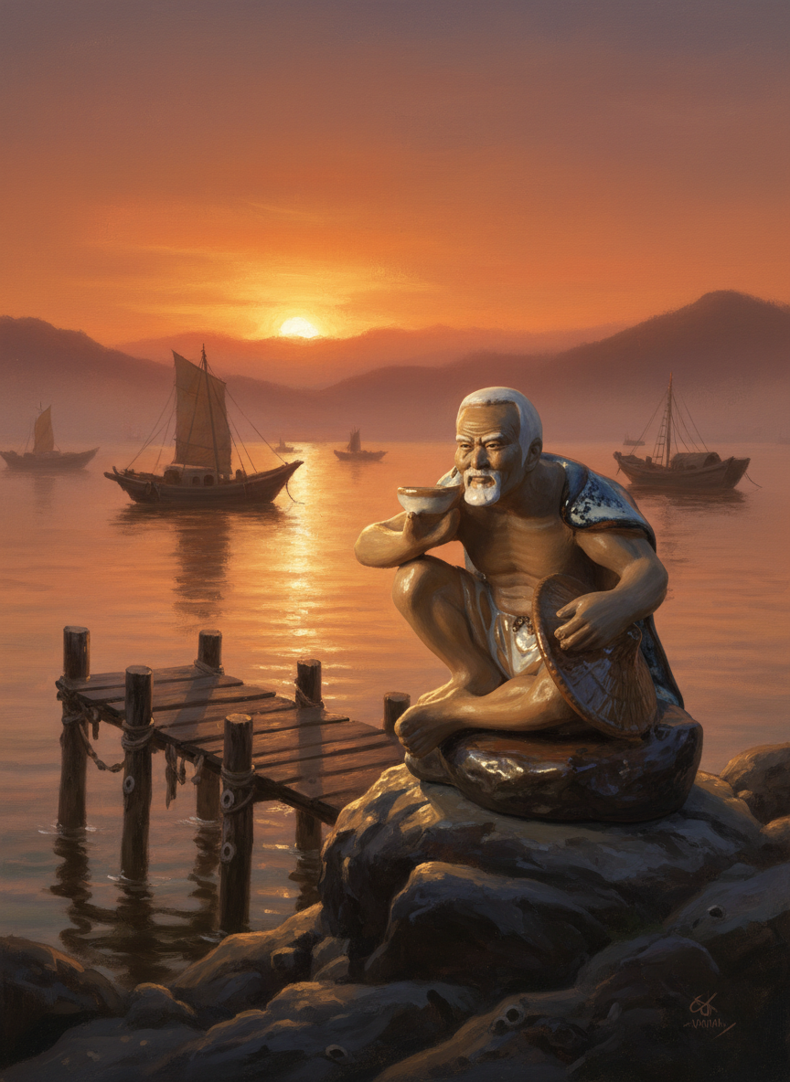 Statuetta Pescatore Shiwan Mudman Ceramica Cinese Vintage 1970 – Artigianato Shiwan Ware