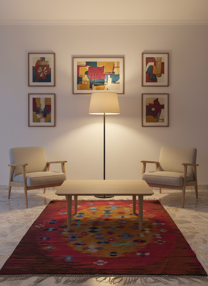 Tappeto Kilim Afghano Annodato a Mano - Rosso Porpora e Arancione con Motivi Floreali