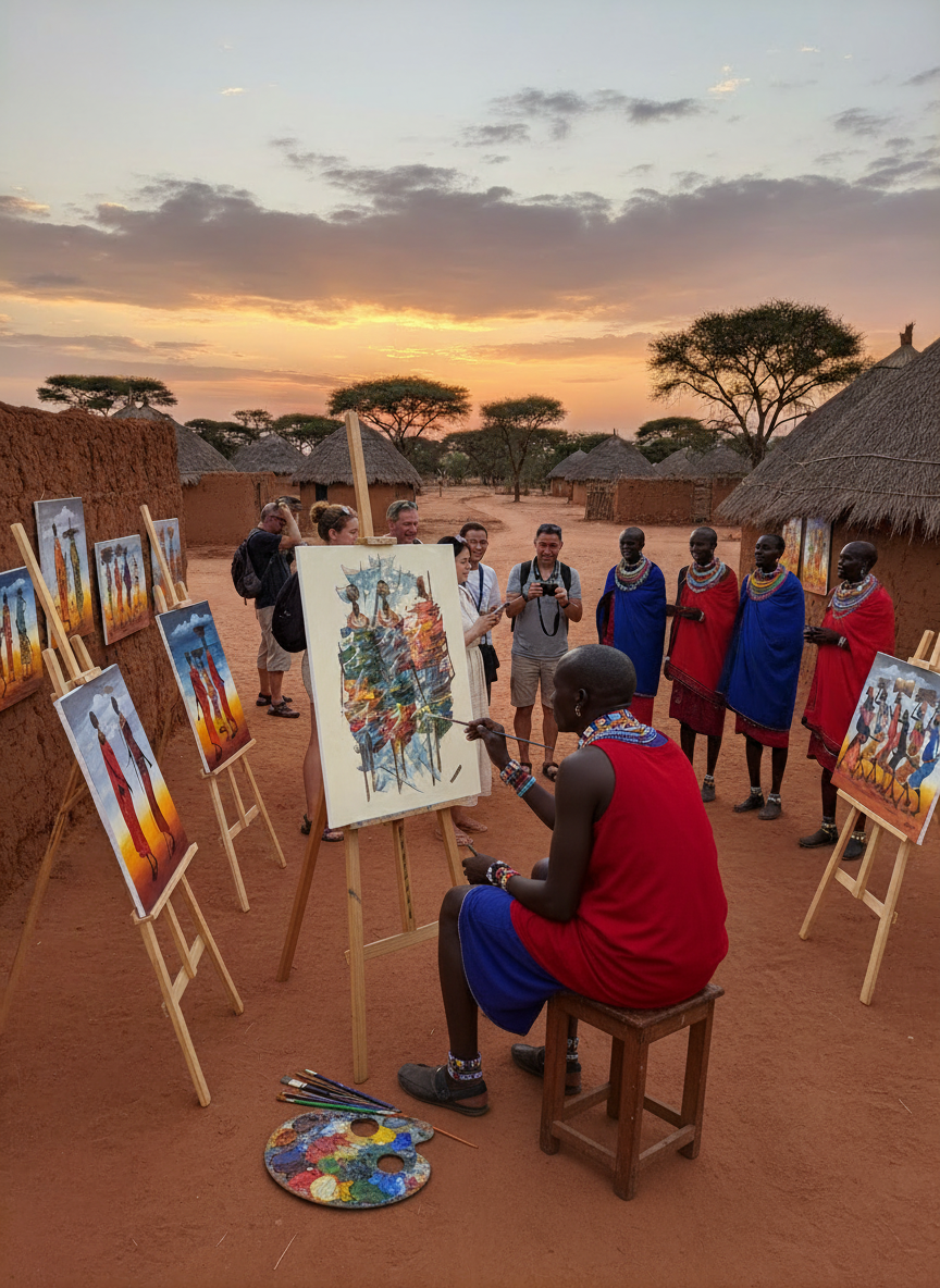 Tre Donne Masai – dipinto Tingatinga, 40×50 cm, scuola Tingatinga, Tanzania