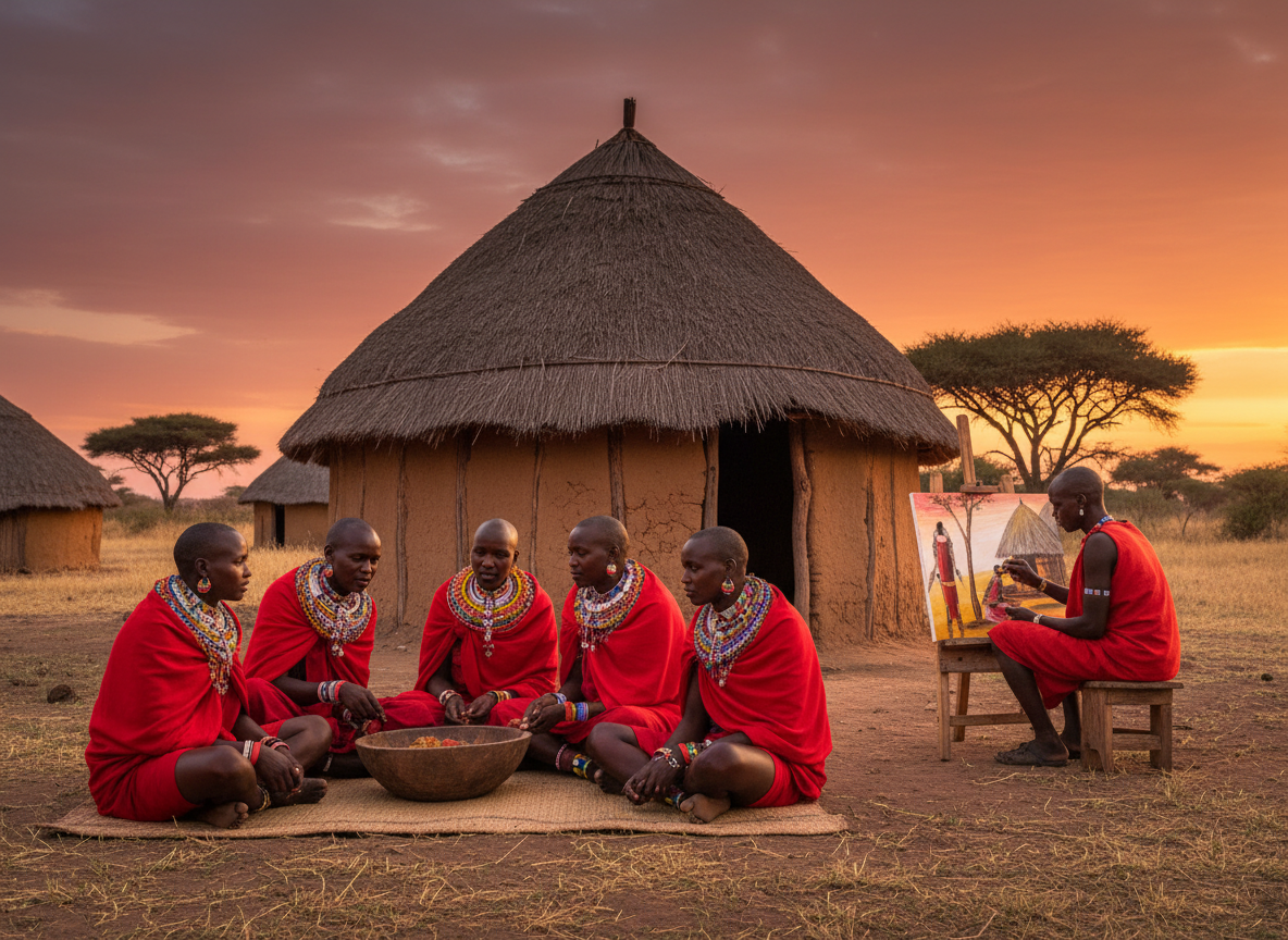 Masai Ngorongoro – dipinto Tingatinga, 70×50 cm, Hassan Mtengela, Tanzania