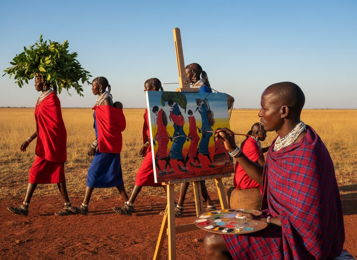 Donne Masai al Lavoro – dipinto Tingatinga, 75×45 cm, J.J.M., Tanzania