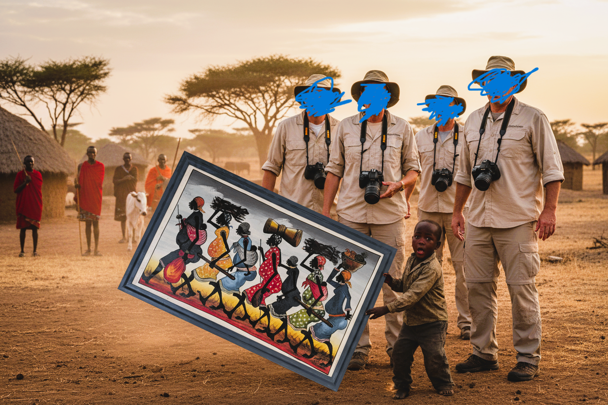 Dipinto Tingatinga Zanzibar - Donne Masai Lavoro 90x55 cm - Sheny - Arte Africana Originale